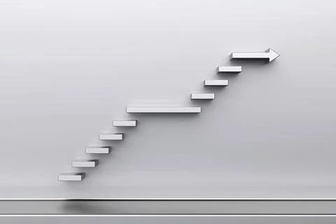 3d silver staircase with arrow as top tread,  Ascending stairs of rising Stock Illustration