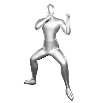 3d silver stickman doing karate stance moves Stock Illustration