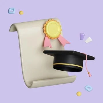3d simple certificate or diploma icon with yellow stamp and graduate hat Stock Illustration