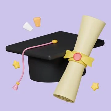 3d simple certificate or diploma icon with yellow stamp and graduate hat Stock Illustration