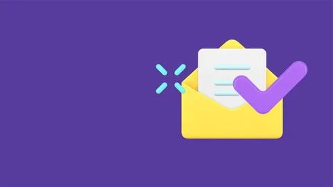 3d simple icon message received open envelope with blank letter and checkmark Stock Illustration