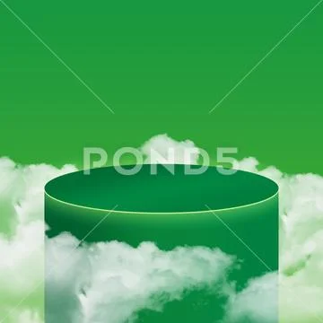 3d simple product podium psd with clouds on green background PSD Template