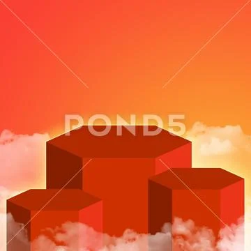 3d simple product podium psd with clouds on orange background PSD Template