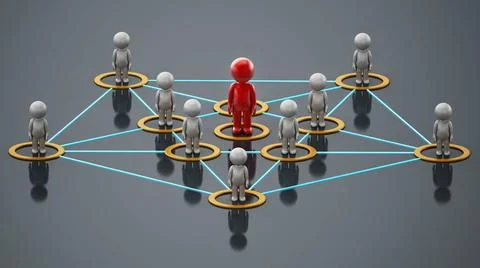 3D simplistic characters linked to each other with a red figure at the cen... Stock Photos