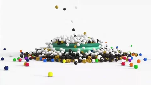 3D Simulation of Colorful Spheres and Golden Balls Slow Motion Stock Footage 332761219