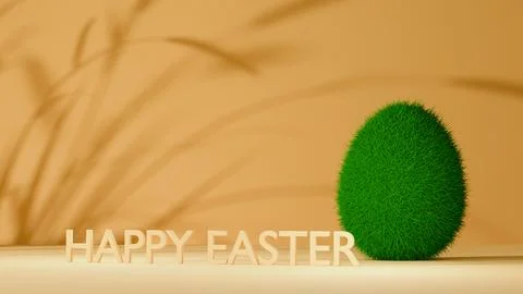 3D single grass egg and Happy Easter text on beige background with shadows, e Foto stock