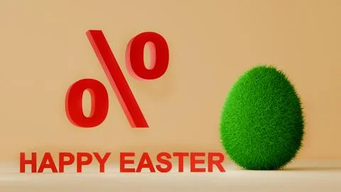 3D single grass egg and text Happy Easter and percent sign on beige backgro.. Foto stock