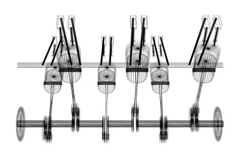 3D six-cylinder car engine, wireframe, white background Stock Illustration