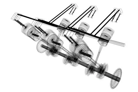 3D six-cylinder car engine, wireframe, white background Stock Illustration