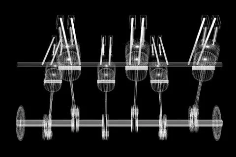 3D six-cylinder car engine, wireframe, black background Stock Illustration
