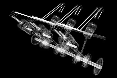 3D six-cylinder car engine, wireframe, black background Stock Illustration
