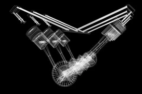 3D six-cylinder car engine, wireframe, black background Stock Illustration