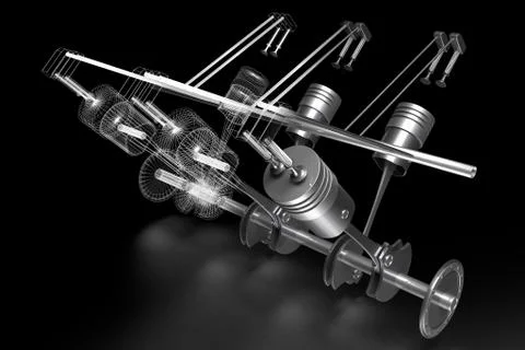 3D six-cylinder car engine - solid and wireframe model, black background 스톡 일러스트