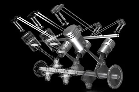 3D six-cylinder car engine - solid and wireframe model, black background イラスト素材