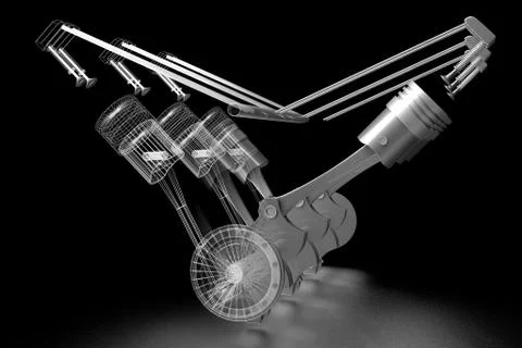 3D six-cylinder car engine - solid and wireframe model, black background イラスト素材