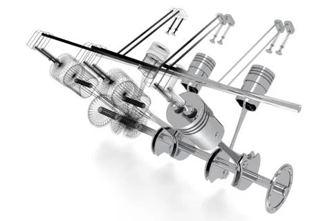 3D six-cylinder car engine - solid and wireframe model, white background Illustrazione stock