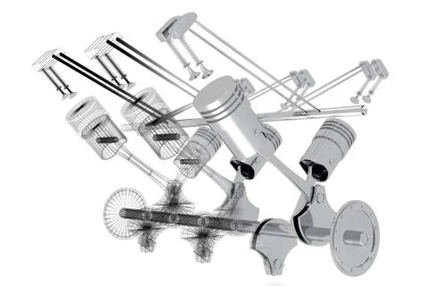 3D six-cylinder car engine - solid and wireframe model, white background 스톡 일러스트