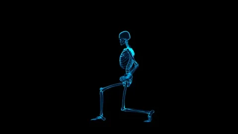 3D Skeletal System Forward Lunge Exercise Side View Hologram HUD Stock Footage 343860934
