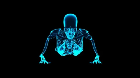 3D Skeletal System Prone Forearm Press Up Exercise 180 Rot View Hologram HUD Stock Footage 342511336