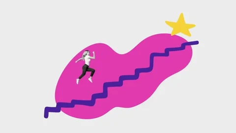 3d sketch motion art collage video of happy businesswoman run career ladder star Stock Footage 309510727