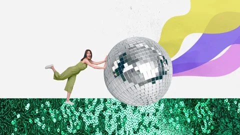 3d sketch motion collage video of excited girl push disco ball retro 90s party Stock Footage 303158137