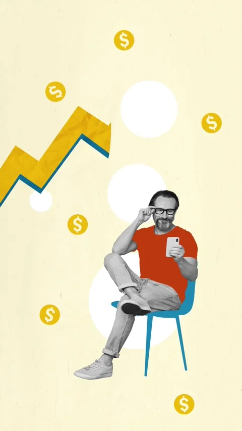 3d sketch motion collage video of happy businessman surf phone dollar profit Stock-Footage 310671358