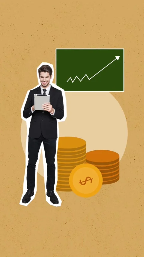 3d sketch motion collage video of happy businessman hold tablet dollar coin Stock Footage 311503792