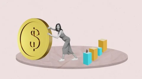 3d sketch motion pop collage video of happy businesswoman roll coin chart arrow Stock Footage 312316442