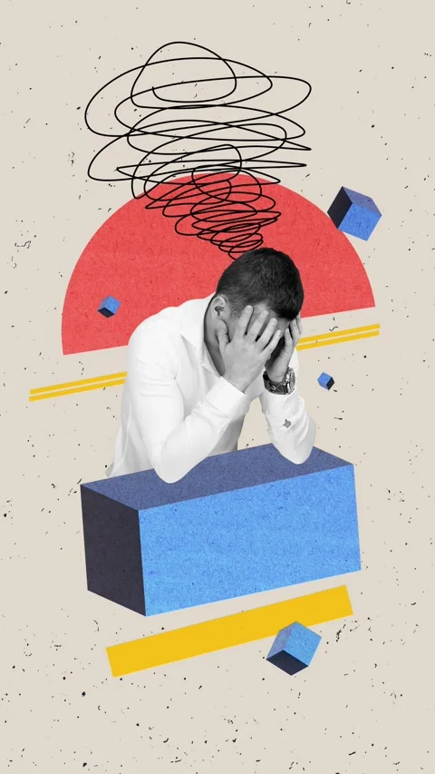 3d sketch motion trend collage video of upset businessman hold head depression Stock Footage 301633801