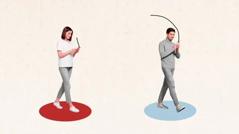 3d sketch motion trend collage video of two happy girl guy hold phone Stock Footage 302159015