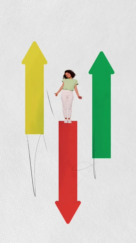 3d sketch motion trend collage video of puzzled girl stand arrow up down stats Stock Footage 302171199