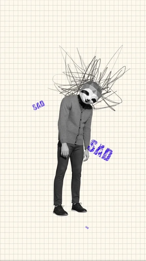 3d sketch motion trend collage video of sad man instead head sloth apathy stress Stock Footage 302171442