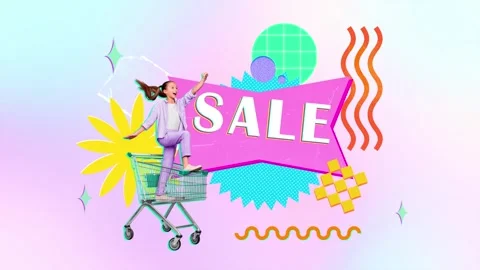 3d sketch motion trend collage video of happy teenage girl stand trolley Stock Footage 302376801