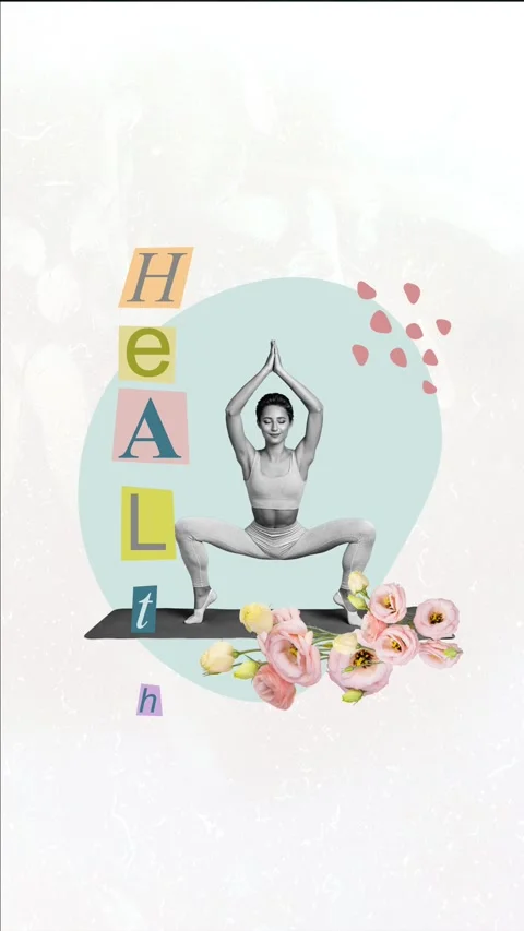 3d sketch motion trend collage video of happy sports girl do yoga retreat Stock Footage 302985229