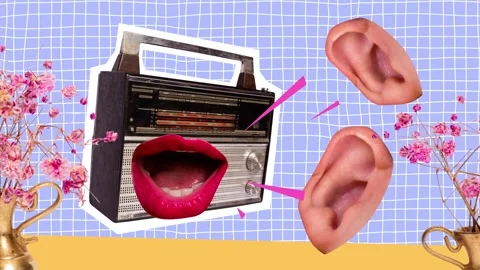 3d sketch motion trend collage video of faceless mouth sing boombox Stock Footage 302994553