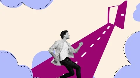 3d sketch motion trend collage video of serious businessman run open door Stock Footage 309510818