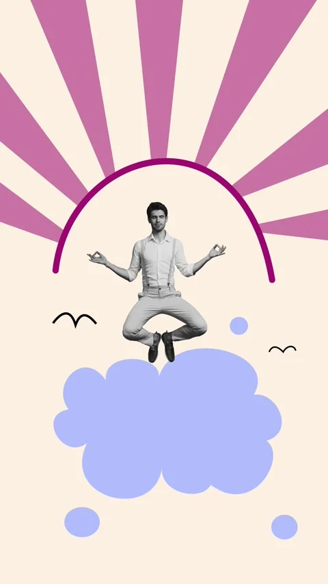 3d sketch motion trend collage video of happy man fly cloud yoga meditation Stock Footage 309511008