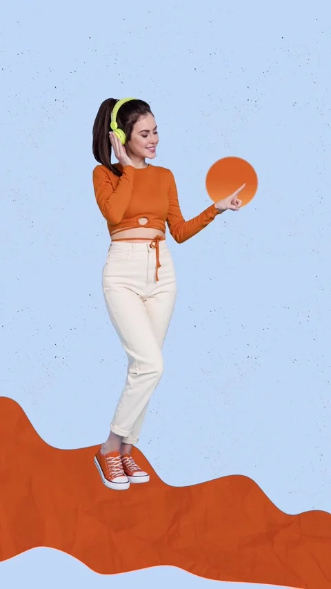 3d sketch motion trend collage video of happy girl listen music headphones sms Stock Footage 311503839