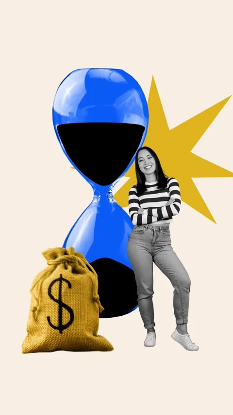 3d sketch motion trend collage video of happy girl stand hourglass dollar bag Stock Footage 311504195
