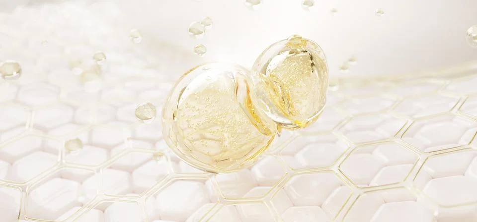 3d skin layer with liquid yellow honeycomb cell texture and oil drops. Epidermis Stock Illustration