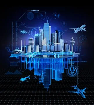 3D skyscraper building, smart city simulation HUD digital Screen display smar Ilustración de archivo