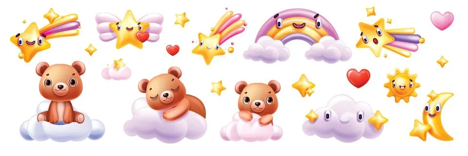 3D sleeping bear set, vector cute bedroom sticker, kawaii toy, falling star Ilustração Stock