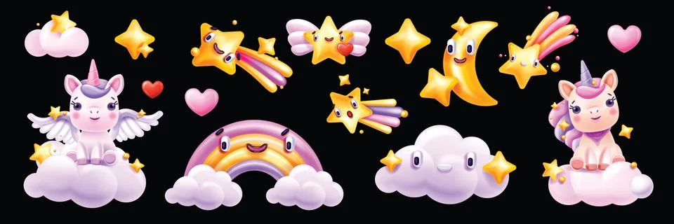 3D sleeping unicorn set, vector cute bedroom kawaii pony sticker toy Ilustración de archivo