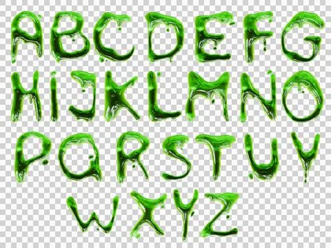 3D slime alphabet set, green drip Halloween goo render zombie text Stock Illustration
