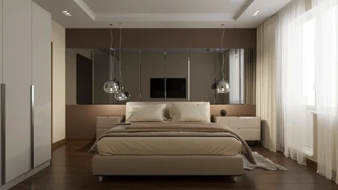 3d slow flight through the bedroom overlooking the bed Stock Footage 97076986