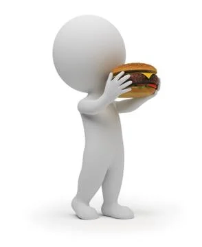 3d small people eats a hamburger Stock Illustration