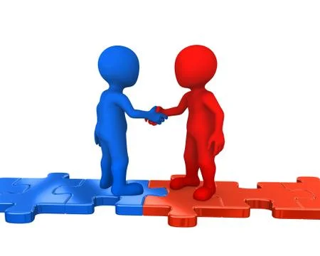 3d small people on puzzles, handshake Stock Illustration