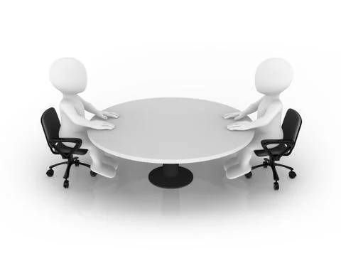 3d small people sitting at round table. Business meeting. Stock Illustration