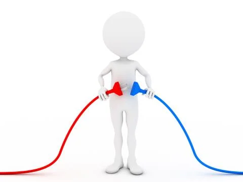 3d small person plugging in his hand an electric plug. Stock Illustration