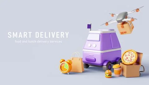3d smart delivery service render banner. Drone shipping parcel box. Robot Stock Illustration